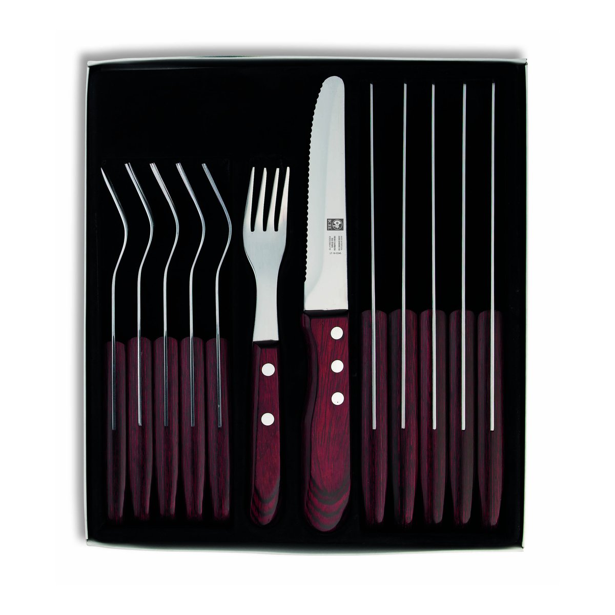 Conjunto para carne 12 peças, cabo de madeira prensada vermelha