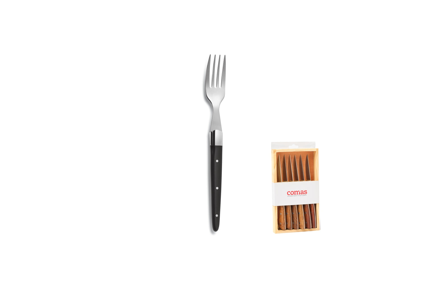 Estojo de madeira com 6 garfos de bife em acrílico preto