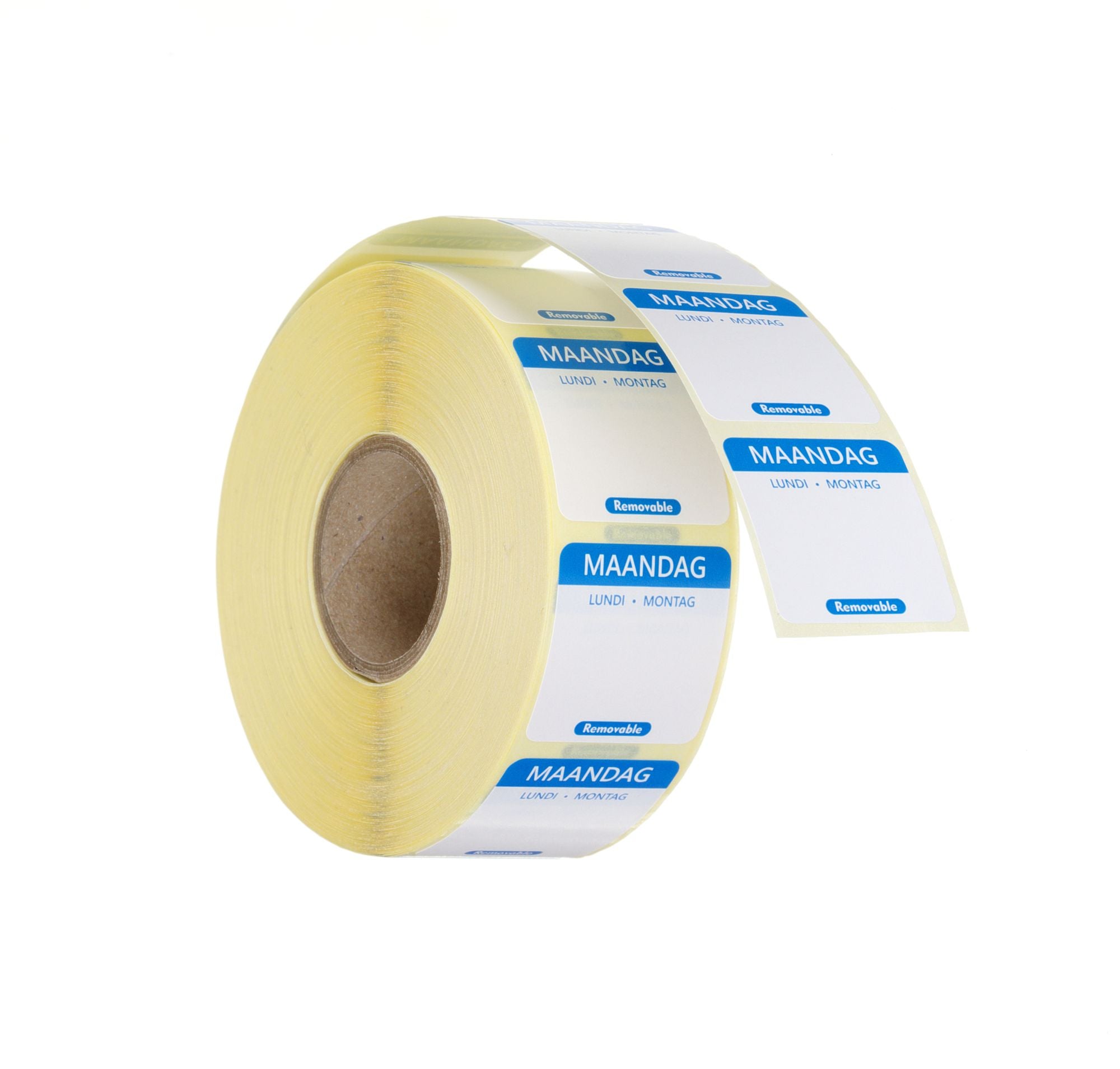 Etiqueta segunda-feira NL-FR-DE reutilizável 25x25 mm rolo com 1000 unidades